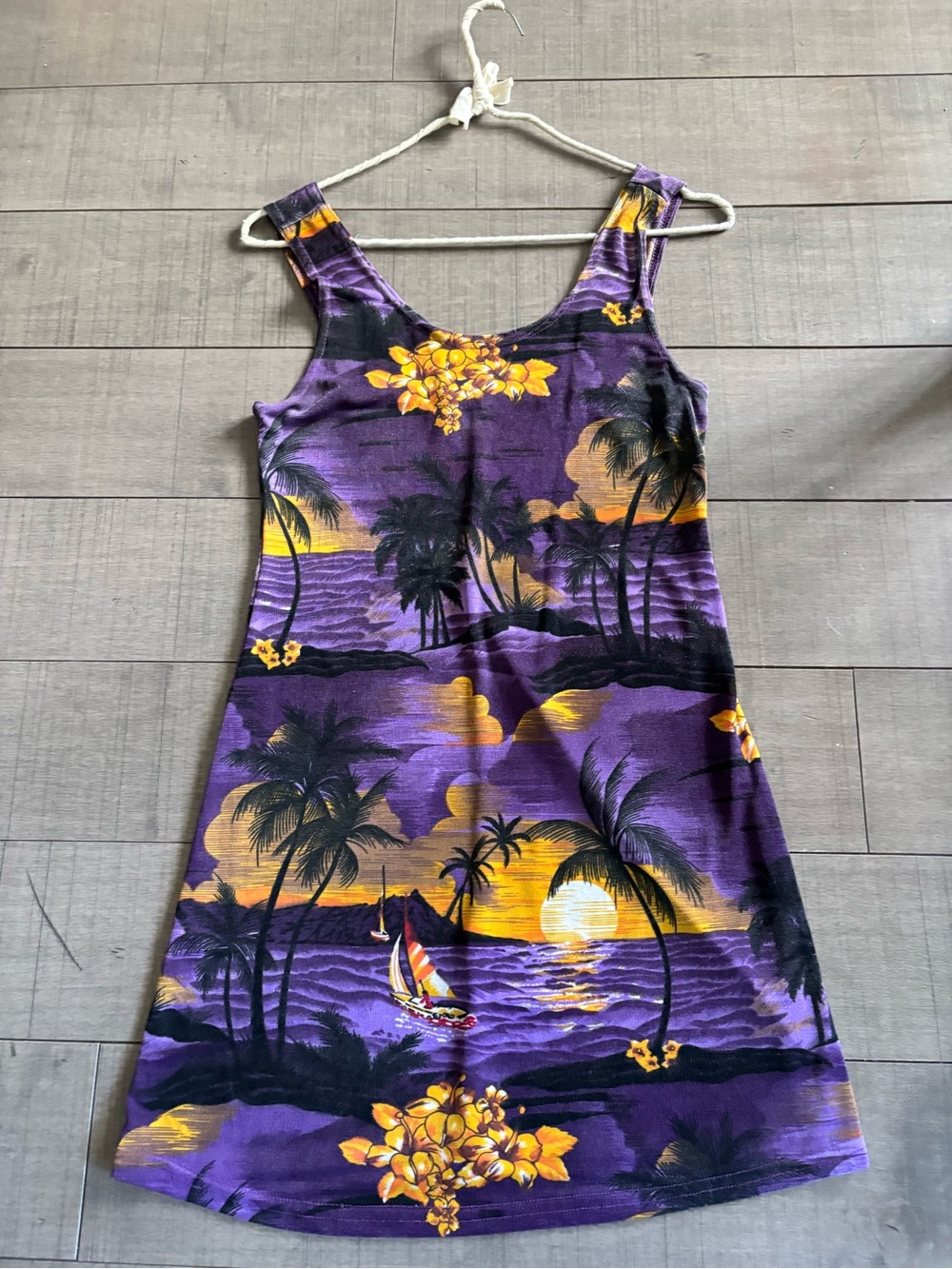 4 for $30- Y2K 'Coconut Girl' Tropical Sunset Print- Purple & Gold Slinky Dress